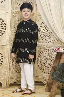 Black hand woven blended cotton boys-kurta-pyjama