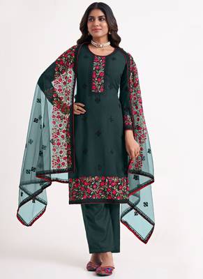 Dark Teal Georgette Embroidery Party Wear Straight Suits 1