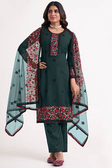 Dark Teal Georgette Embroidery Party Wear Straight Suits