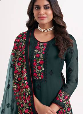 Dark Teal Georgette Embroidery Party Wear Straight Suits 2