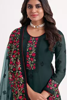 Dark Teal Georgette Embroidery Party Wear Straight Suits