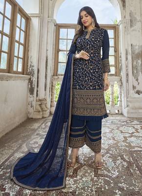 Navy Blue Georgette Embroidery Party Wear Palazzo 1
