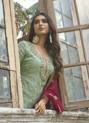 Sea Green Georgette Embroidery Party Wear Palazzo 4