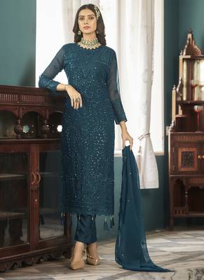 Teal Georgette Embroidery Party Wear Straight Suits 1