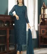 Teal Georgette Embroidery Party Wear Straight Suits