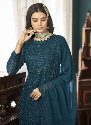 Teal Georgette Embroidery Party Wear Straight Suits 2