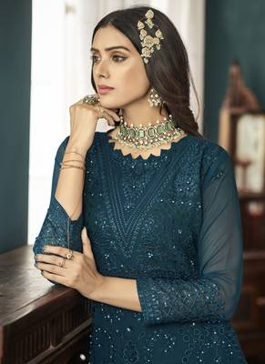 Teal Georgette Embroidery Party Wear Straight Suits 3