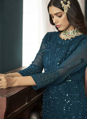 Teal Georgette Embroidery Party Wear Straight Suits 4