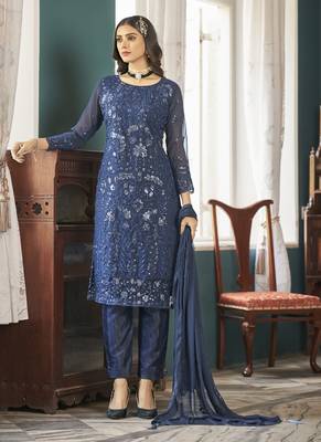 Navy Blue Georgette Embroidery Party Wear Straight Suits 1