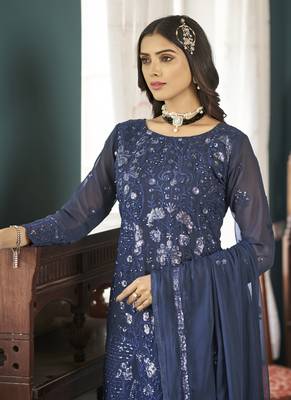 Navy Blue Georgette Embroidery Party Wear Straight Suits 2