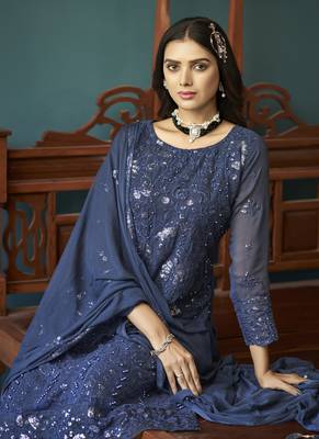 Navy Blue Georgette Embroidery Party Wear Straight Suits 3