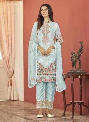 Sky Blue Georgette Embroidery Party Wear Straight Suits 1