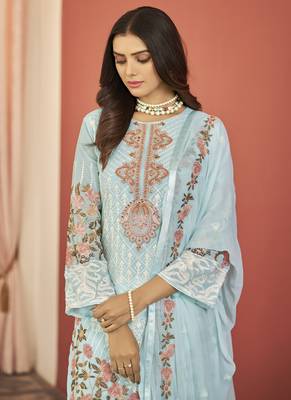 Sky Blue Georgette Embroidery Party Wear Straight Suits 2