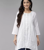 Hand Embroidered White Pure Cotton Lucknowi Chikankari Indian Women Straight Shirt