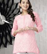 Hand Embroidered Baby Pink Cotton Lucknowi Chikankari Indian Women Straight Short Kurti