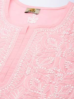 Hand Embroidered Baby Pink Cotton Lucknowi Chikankari Indian Women Straight Short Kurti 2