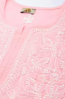 Hand Embroidered Baby Pink Cotton Lucknowi Chikankari Indian Women Straight Short Kurti