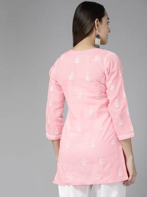 Hand Embroidered Baby Pink Cotton Lucknowi Chikankari Indian Women Straight Short Kurti 3