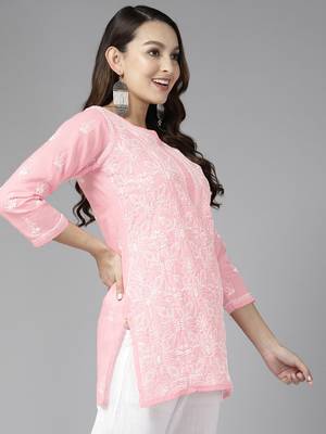 Hand Embroidered Baby Pink Cotton Lucknowi Chikankari Indian Women Straight Short Kurti 4