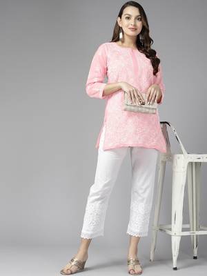 Hand Embroidered Baby Pink Cotton Lucknowi Chikankari Indian Women Straight Short Kurti 5