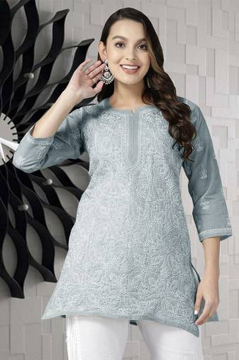 Hand Embroidered Grey Cotton Lucknowi Chikankari Indian Women Straight Short Kurti