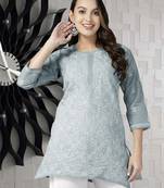 Hand Embroidered Grey Cotton Lucknowi Chikankari Indian Women Straight Short Kurti