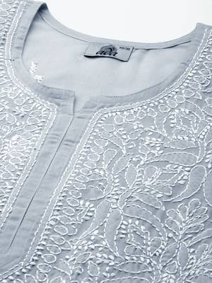Hand Embroidered Grey Cotton Lucknowi Chikankari Indian Women Straight Short Kurti 2