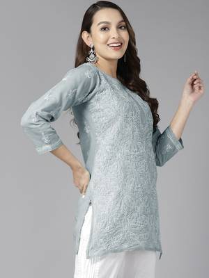 Hand Embroidered Grey Cotton Lucknowi Chikankari Indian Women Straight Short Kurti 3