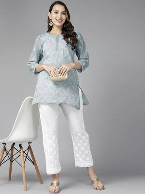 Hand Embroidered Grey Cotton Lucknowi Chikankari Indian Women Straight Short Kurti 5