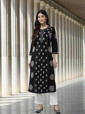 Hand Crafted Black Cotton Lucknowi Chikankari Indian Women Straight Kurta 1