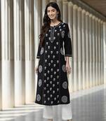 Hand Crafted Black Cotton Lucknowi Chikankari Indian Women Straight Kurta