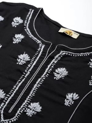 Hand Crafted Black Cotton Lucknowi Chikankari Indian Women Straight Kurta 2