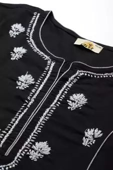 Hand Crafted Black Cotton Lucknowi Chikankari Indian Women Straight Kurta