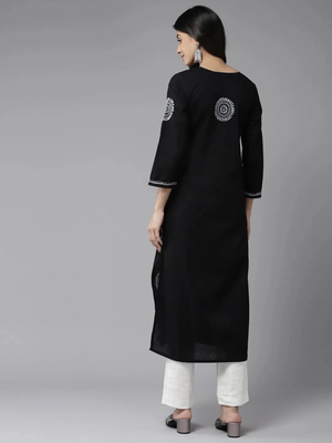 Hand Crafted Black Cotton Lucknowi Chikankari Indian Women Straight Kurta 3