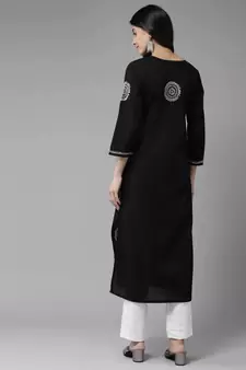Hand Crafted Black Cotton Lucknowi Chikankari Indian Women Straight Kurta