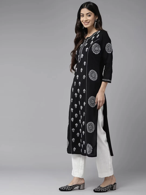 Hand Crafted Black Cotton Lucknowi Chikankari Indian Women Straight Kurta 4