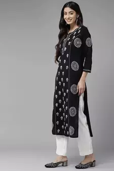 Hand Crafted Black Cotton Lucknowi Chikankari Indian Women Straight Kurta