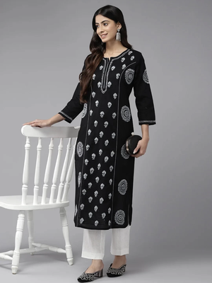 Hand Crafted Black Cotton Lucknowi Chikankari Indian Women Straight Kurta 5
