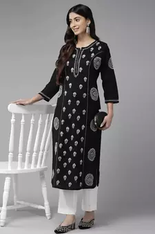 Hand Crafted Black Cotton Lucknowi Chikankari Indian Women Straight Kurta