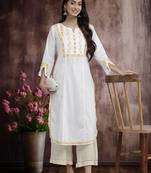 Hand Crafted White & Mustard Cotton Lucknowi Chikankari Indian Women Straight Kurta