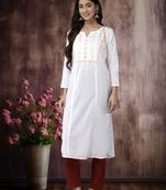 Hand Crafted White & Peach Cotton Lucknowi Chikankari Indian Women Straight Kurta