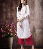 Handmade White & Carrot Pink Cotton Lucknowi Chikankari Indian Women Straight Kurta
