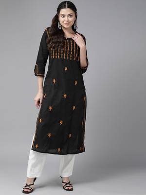 Hand Crafted Black & Mustard Cotton Lucknowi Chikankari Indian Women Kurta 1