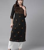Hand Crafted Black & Mustard Cotton Lucknowi Chikankari Indian Women Kurta