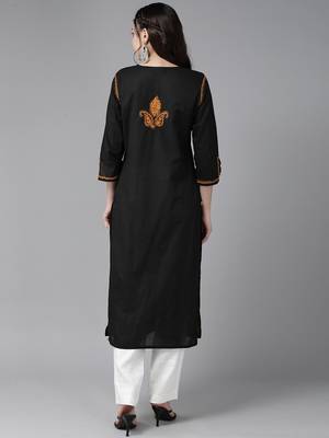 Hand Crafted Black & Mustard Cotton Lucknowi Chikankari Indian Women Kurta 2