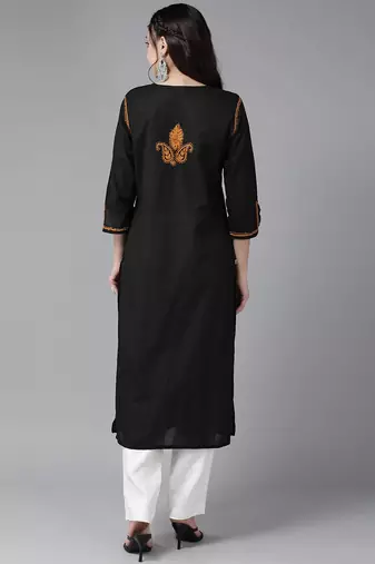Hand Crafted Black & Mustard Cotton Lucknowi Chikankari Indian Women Kurta