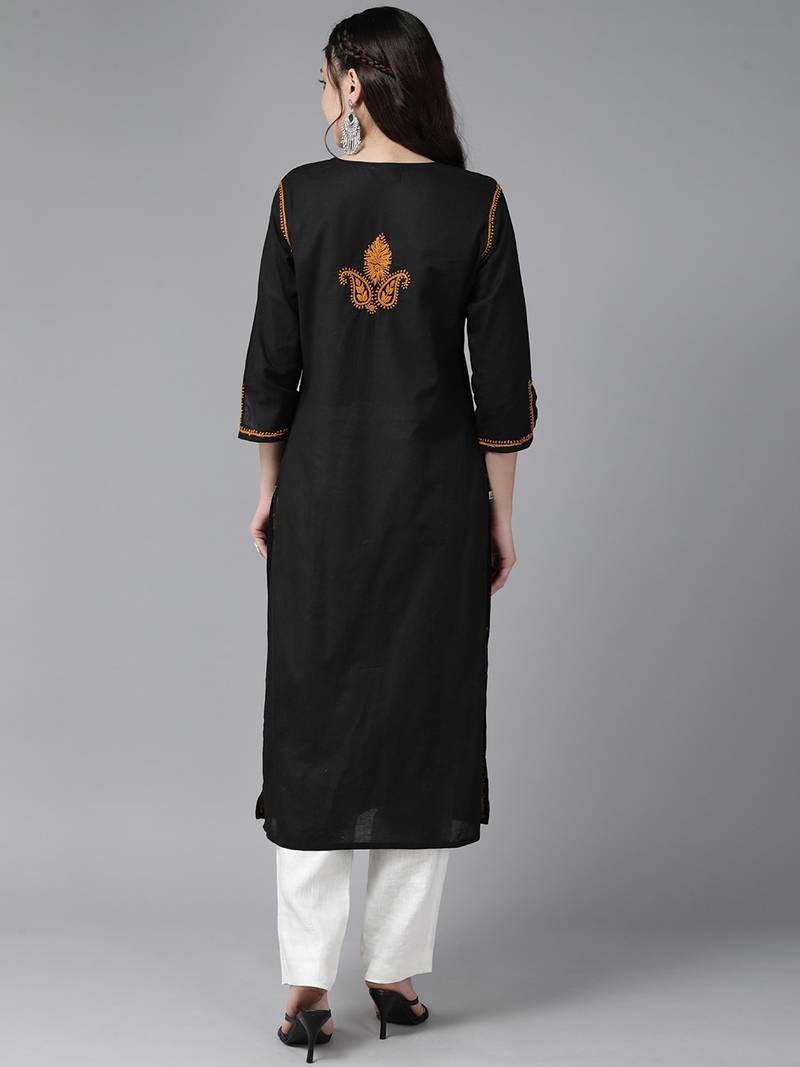Hand Crafted Black & Mustard Cotton Lucknowi Chikankari Indian Women Kurta