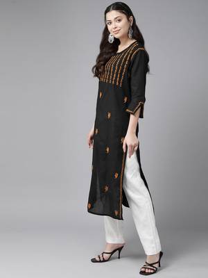 Hand Crafted Black & Mustard Cotton Lucknowi Chikankari Indian Women Kurta 3
