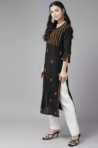 Hand Crafted Black & Mustard Cotton Lucknowi Chikankari Indian Women Kurta