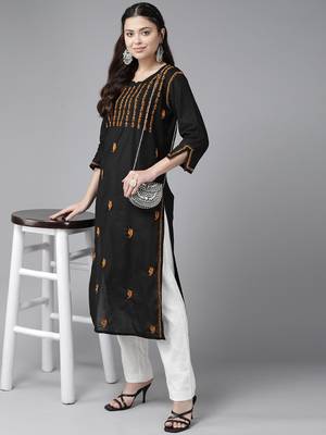 Hand Crafted Black & Mustard Cotton Lucknowi Chikankari Indian Women Kurta 4